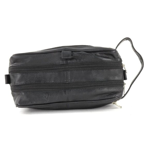 Men's Genuine Leather Double Zipper Top Shaving Kit Toiletry Travel Case Black - Picture 6 of 6